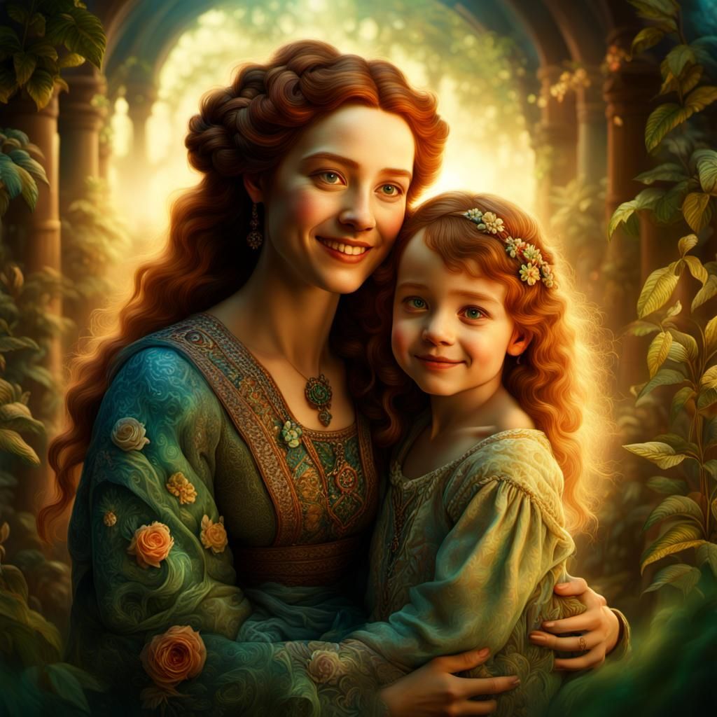 Happy Woman and Child Portrait in Art Deco Style