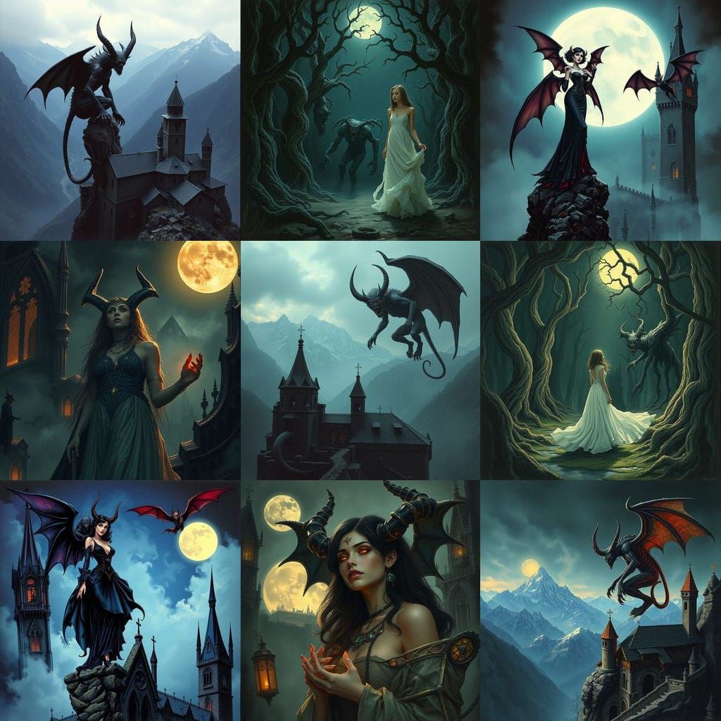 Demon in Dramatic Romanticism Style Over Kavkaz Mountains