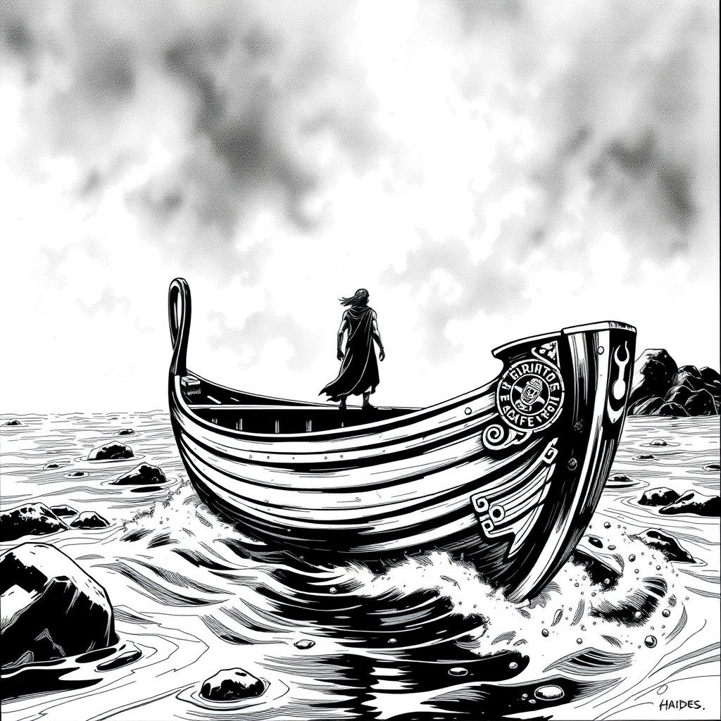 Boat to Hades in Black and White Line Art