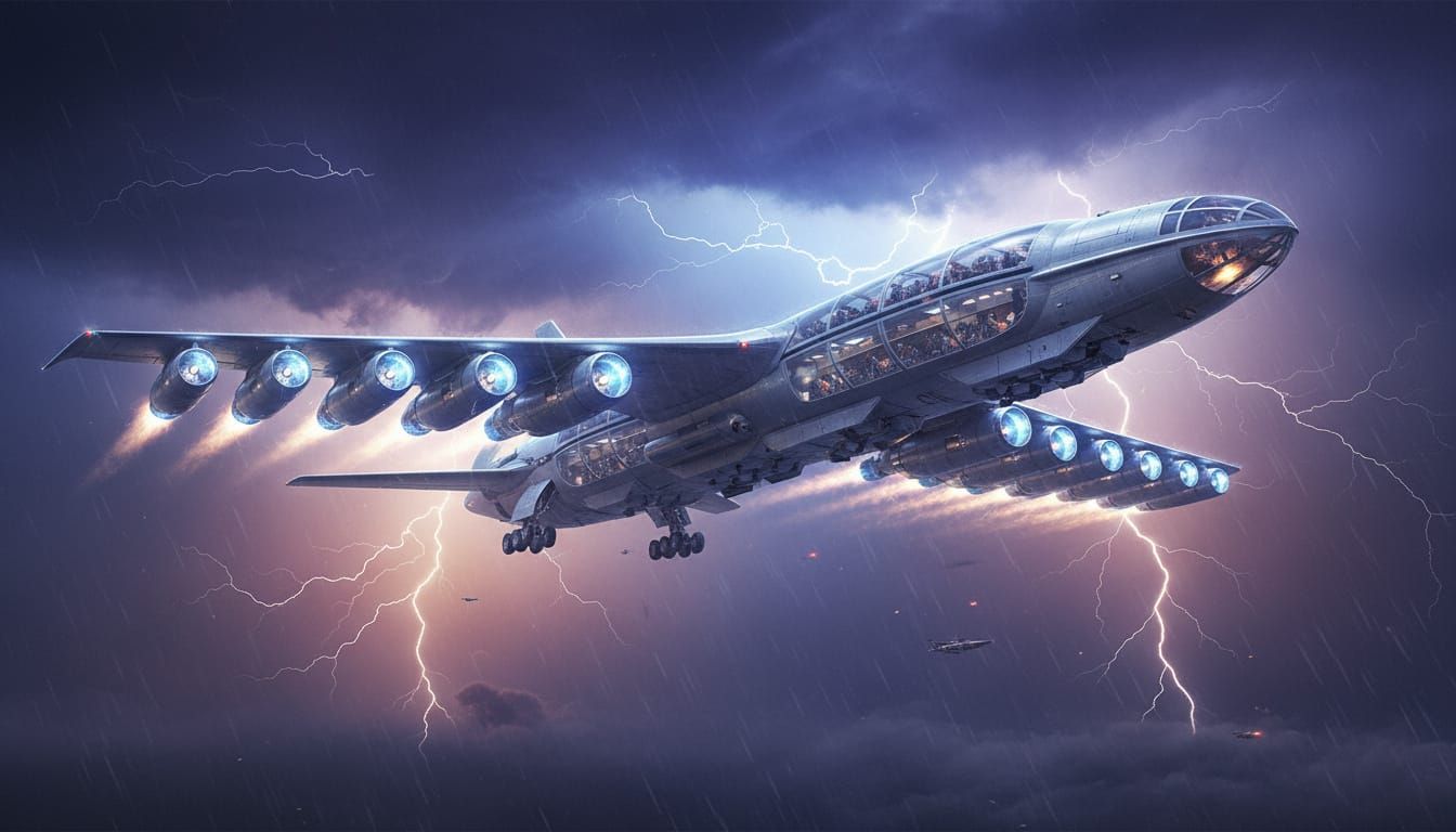 Colossal 16-Engine Futuristic Aircraft in Stormy Sky