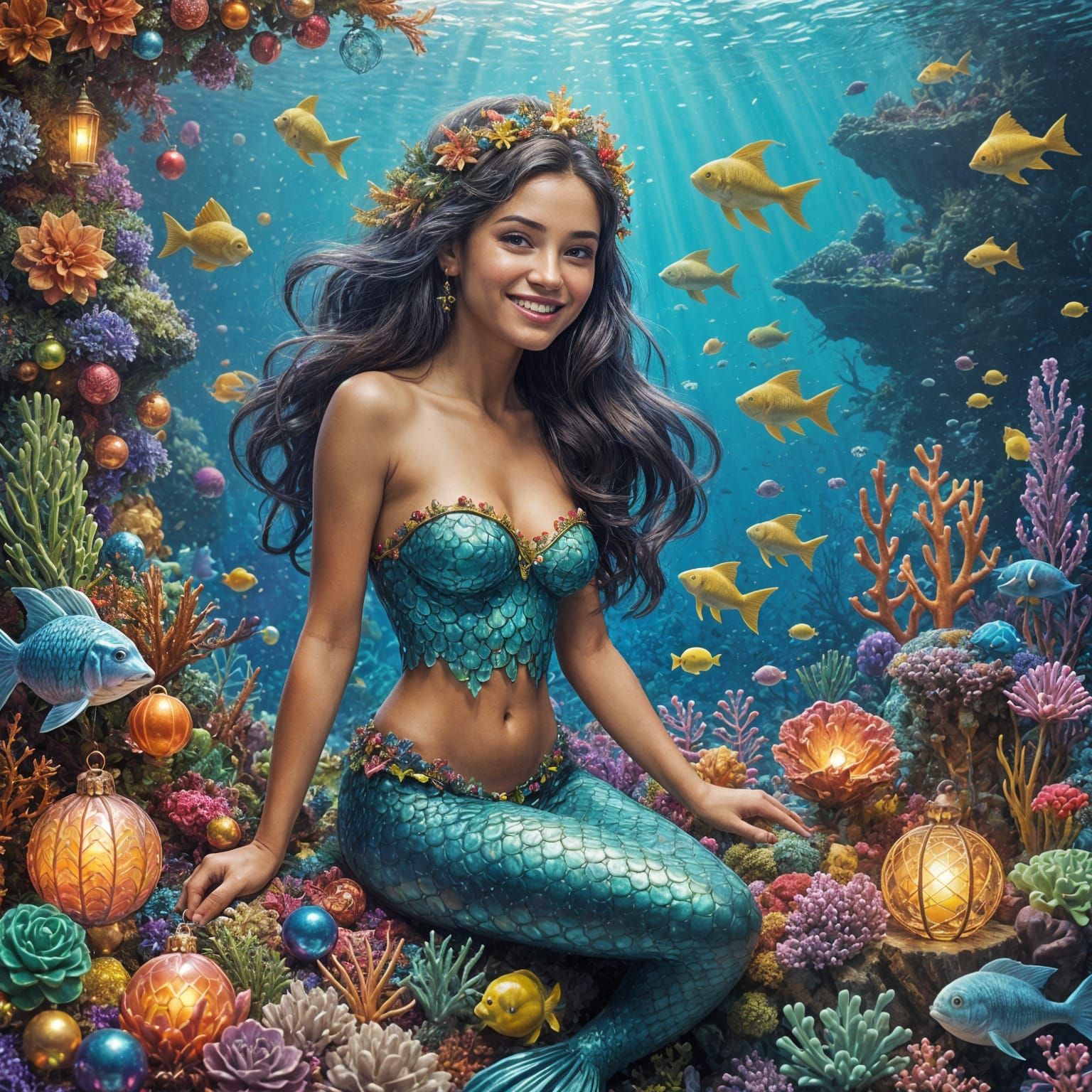 Mermaid Decorating Coral Reef with Christmas Ornaments