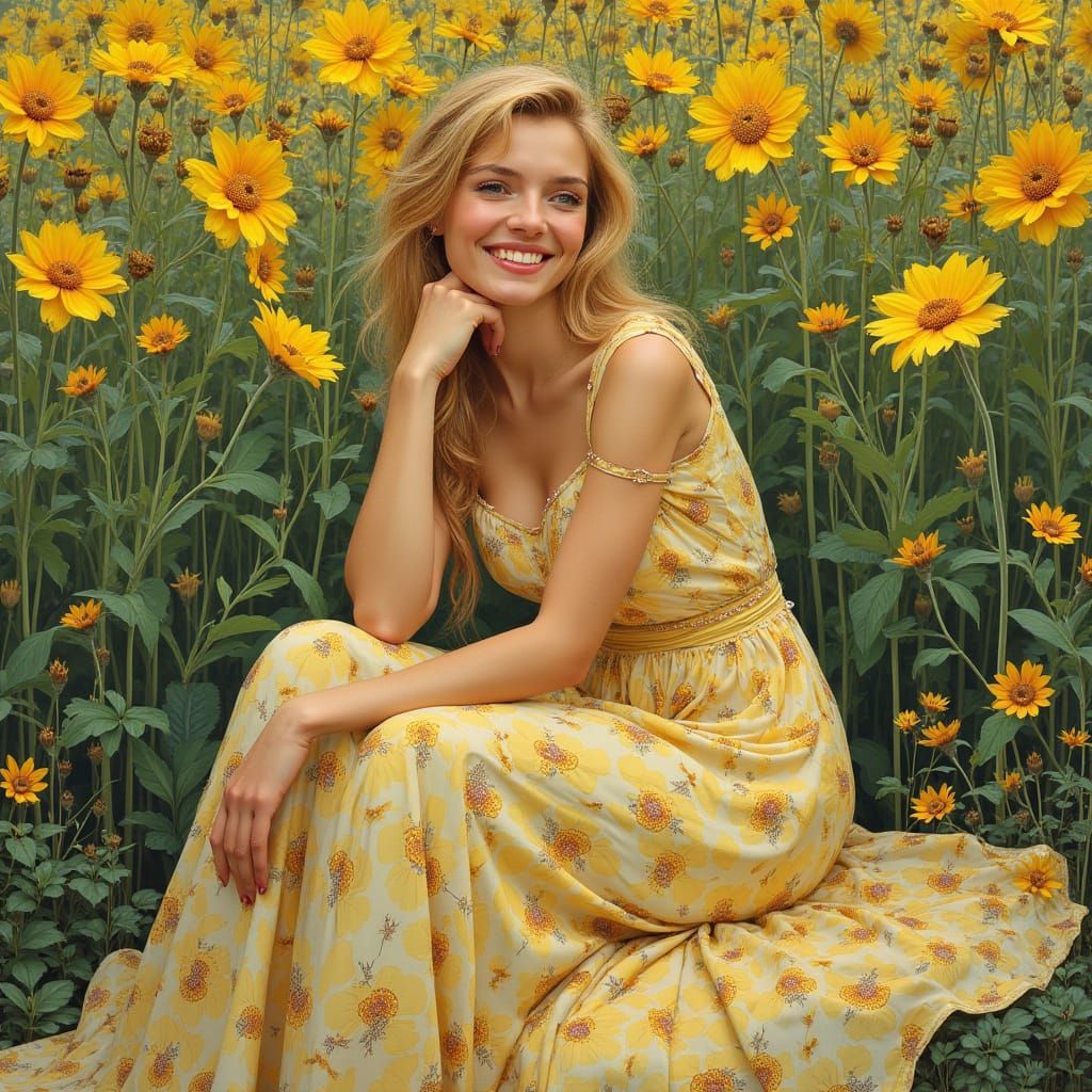 Blonde Woman in Flower Garden, Art Nouveau Style