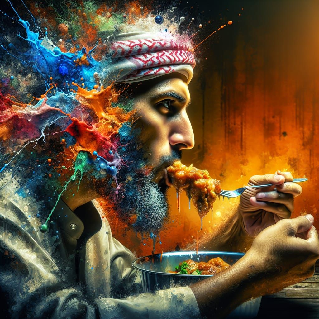 Hyperrealistic Middle-Eastern Man Eating in Dramatic Splash ...