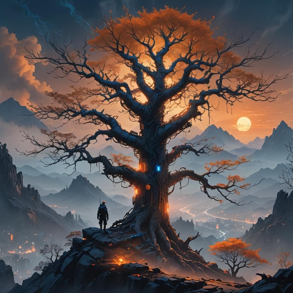 Glowing Cyberpunk Tree on Misty Mountain Peak