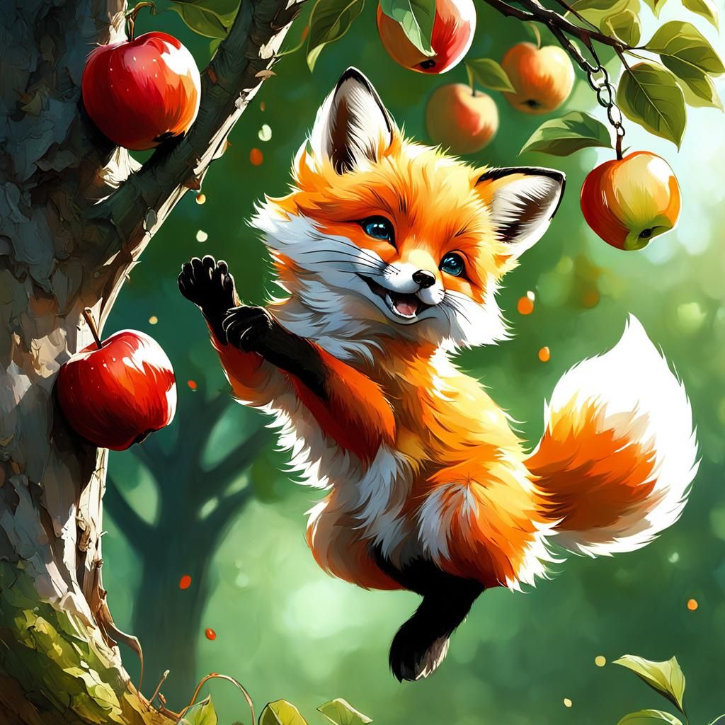 Mystical Cute Baby Fox Reaching for Apple
