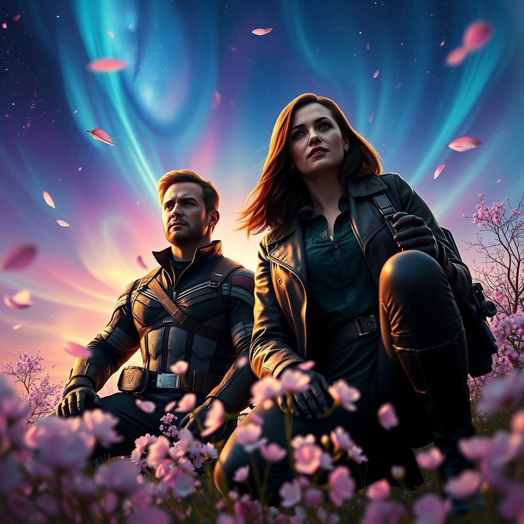 Captain America and Rogue in Cherry Blossom Field