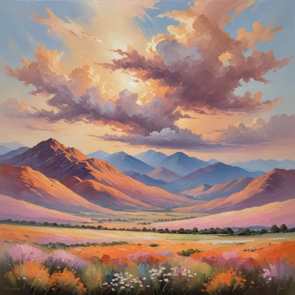 Impressionist Landscape with Clouds and Mountains