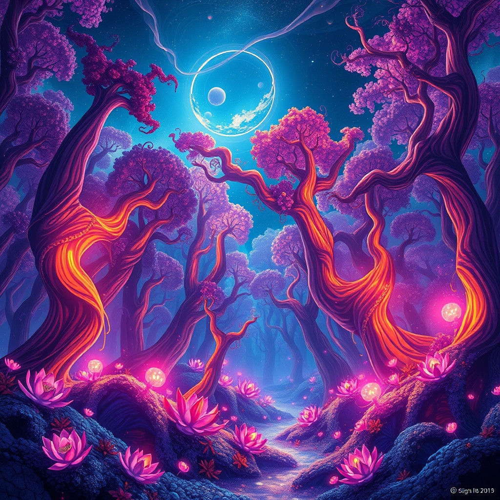 Iridescent Forest: Dreamlike Bioluminescent Landscape