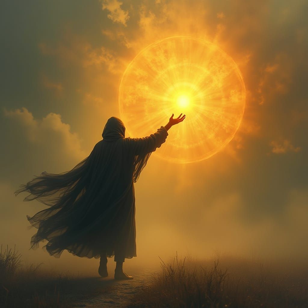 Mysterious Figure Touches Solar Orb with Fiery Energy