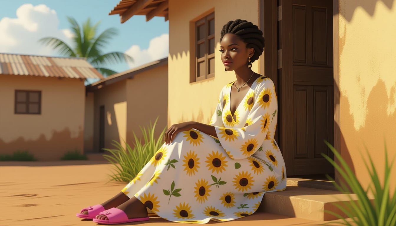 African Woman in Sunflower Dress, Animated Style Portrait