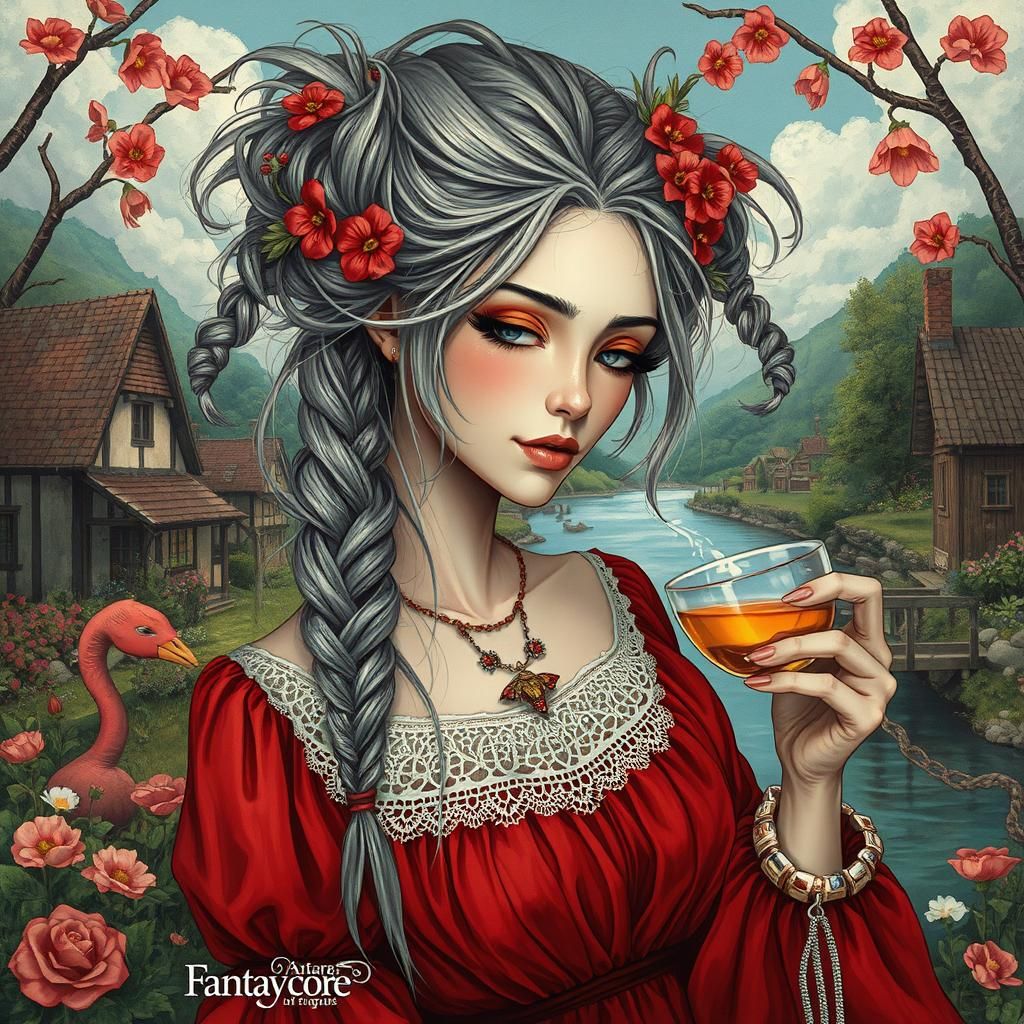 a stunning hair, braids, messy, red clothes, boho styles, lace,  village, river, Flowers, drinking tea, A Breathtaking M...