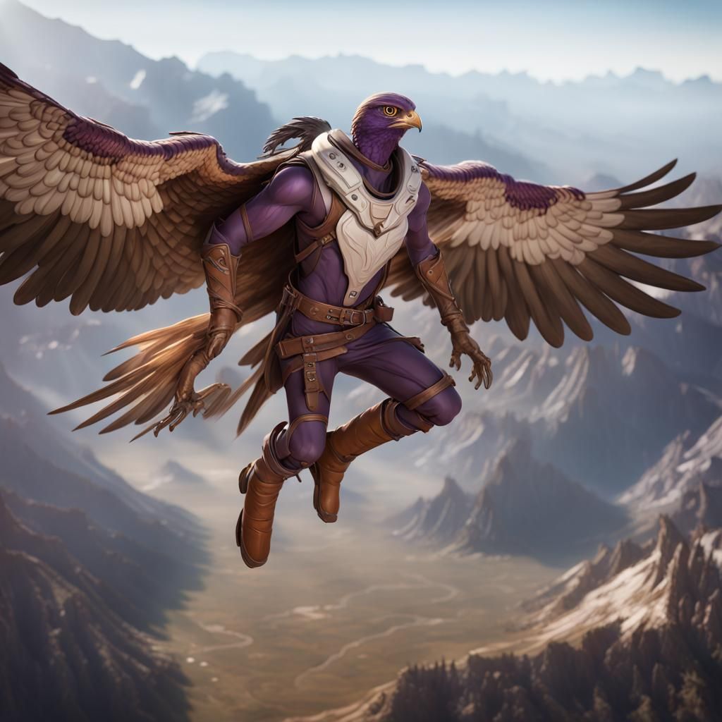 Purple Falcon Humanoid in Dark Fantasy Landscape