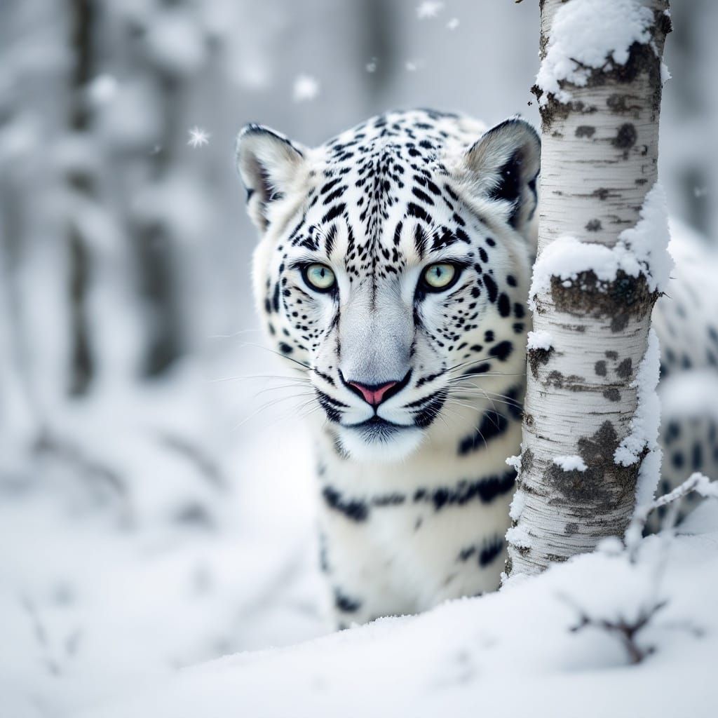 Surrealistic White Leopard Portrait in Snowy Birch Forest