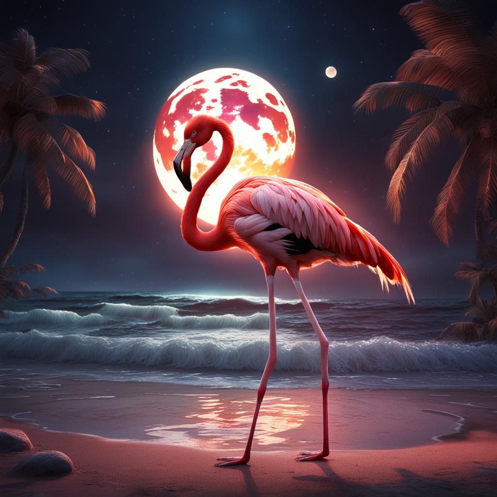 Flamingo on Moonlit Beach: Detailed Matte Painting