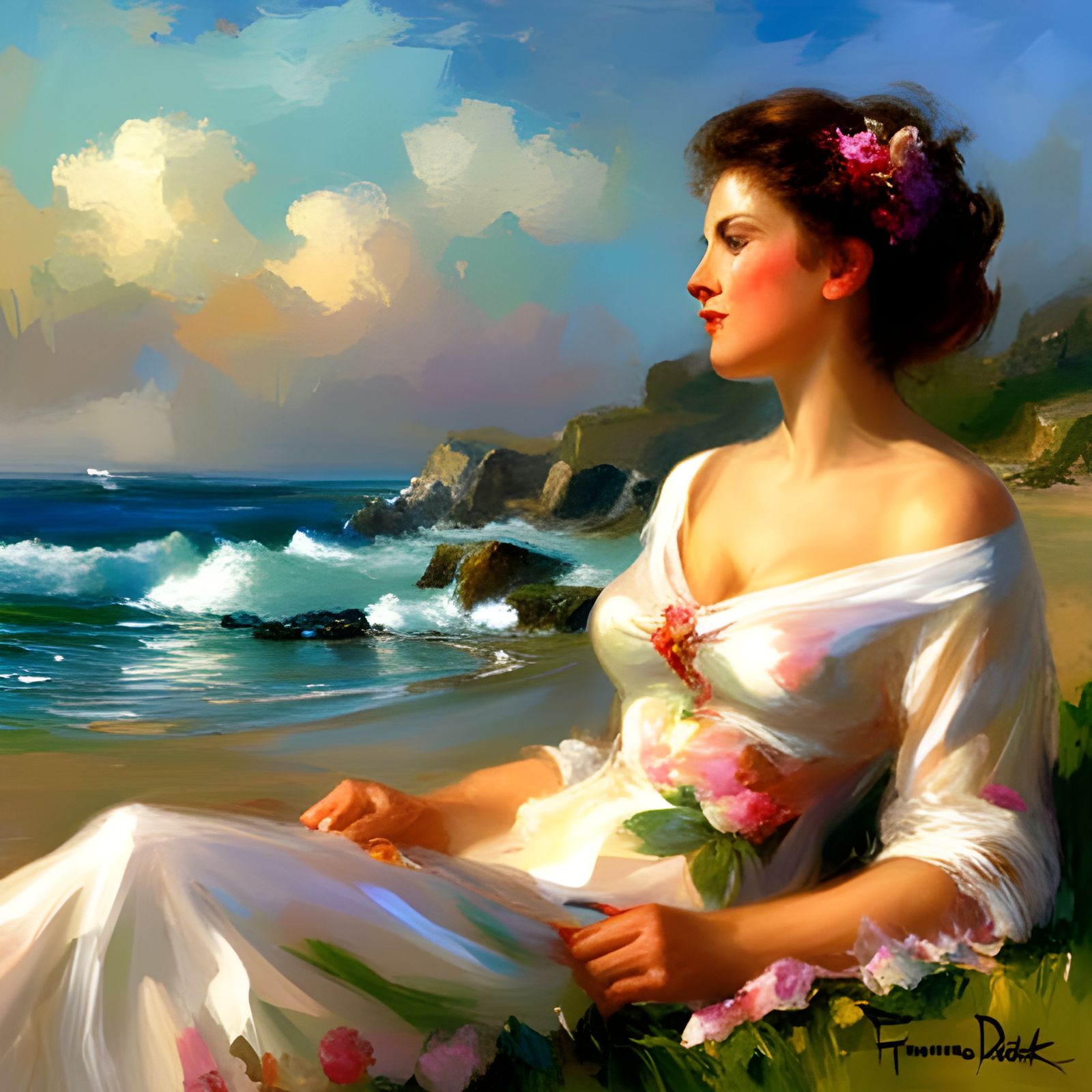 Woman on Beach in Fantasy Illustration Style