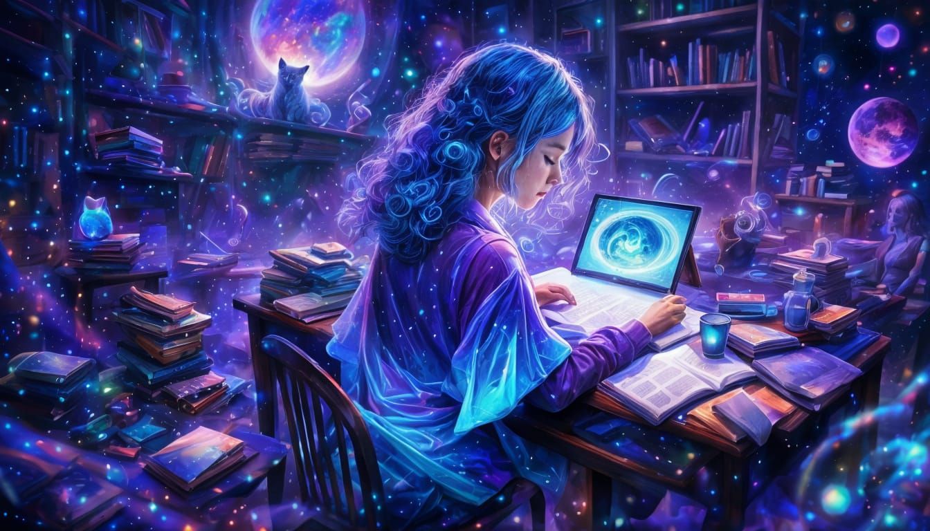 Cute Girl Studying with Cat, Astral Cosmic Illustration