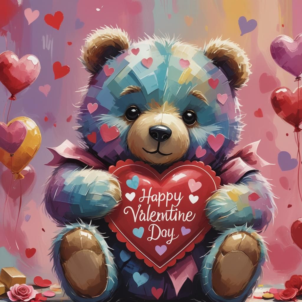 Cute Teddy Bear Holding Valentine in Abstract Style