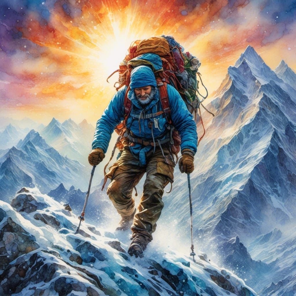 Climbers on Everest in Impressionist Comic Style