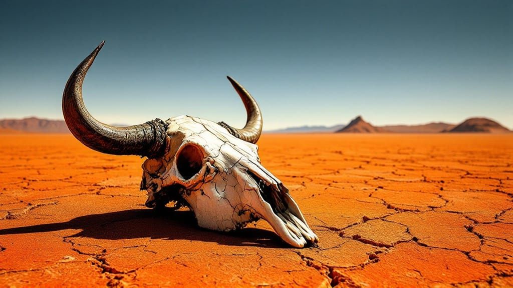 High-Contrast Desert Landscape with Weathered Skull