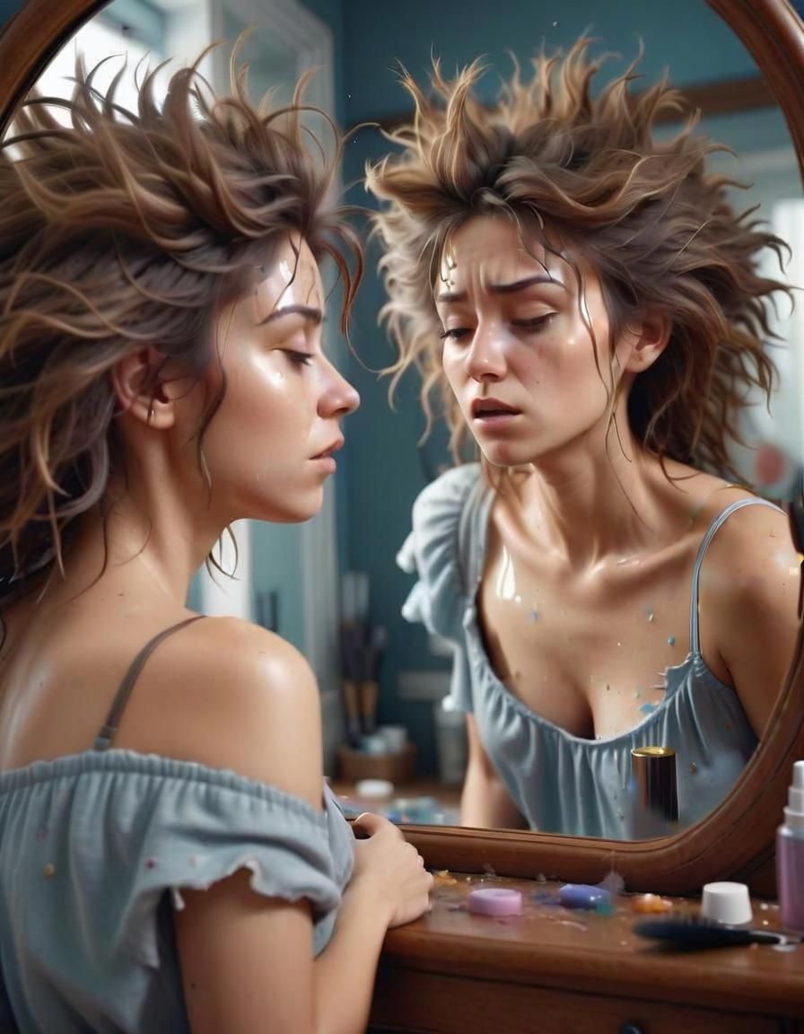 Hyperrealistic Woman with Static Hair in Reflected Mirror