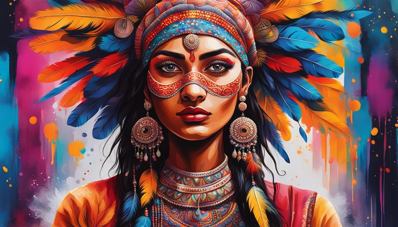 Vibrant Street Art Portrait of Indian Girl in Costume