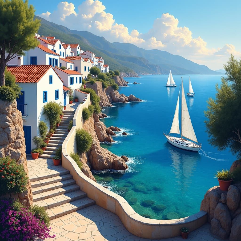 Picturesque Mediterranean Village on Rocky Coastline