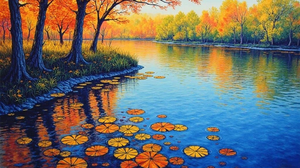 Vibrant Pond Reflecting Abstract Art Styles