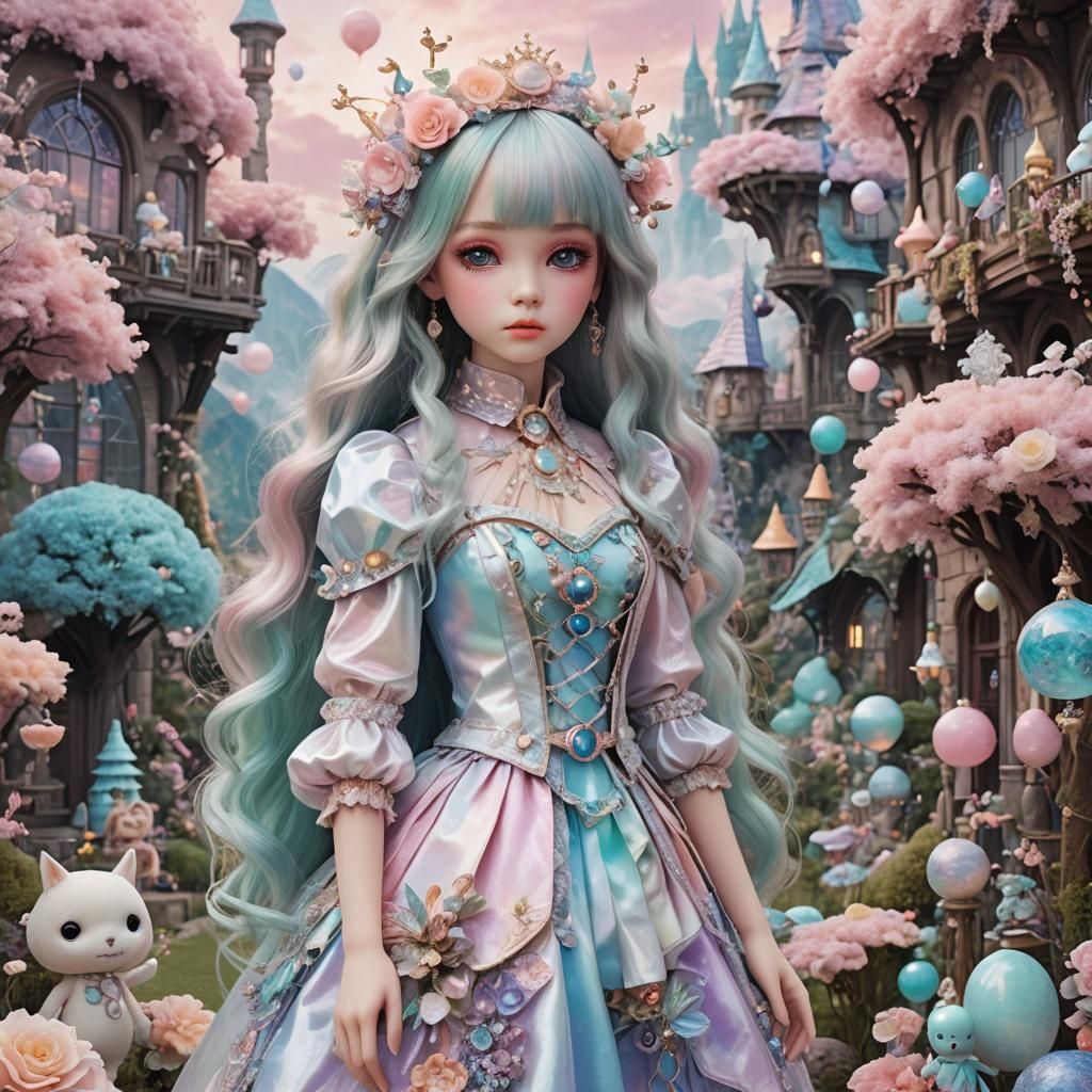 Kawaii Doll in Fantastical Pastel Landscape