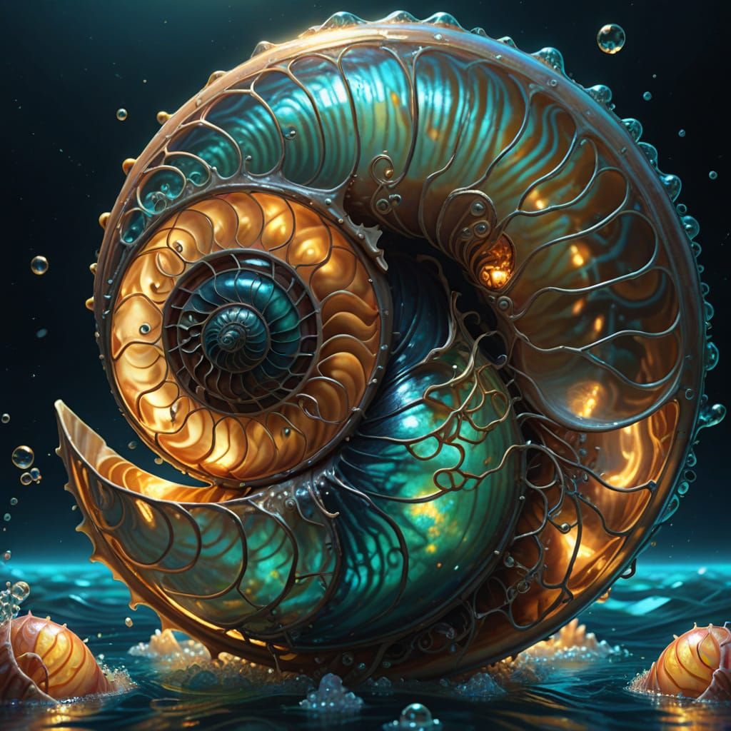Bioluminescent Nautilus in Primordial Ocean Painting