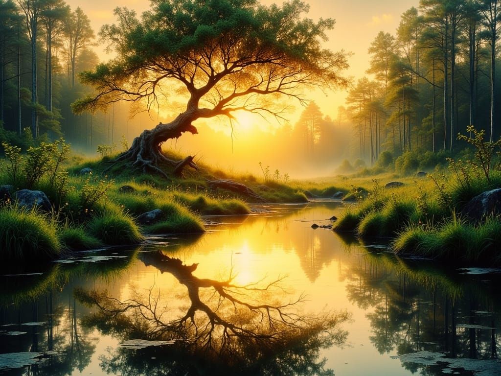 Golden Sunrise Landscape Mirrored in Pond