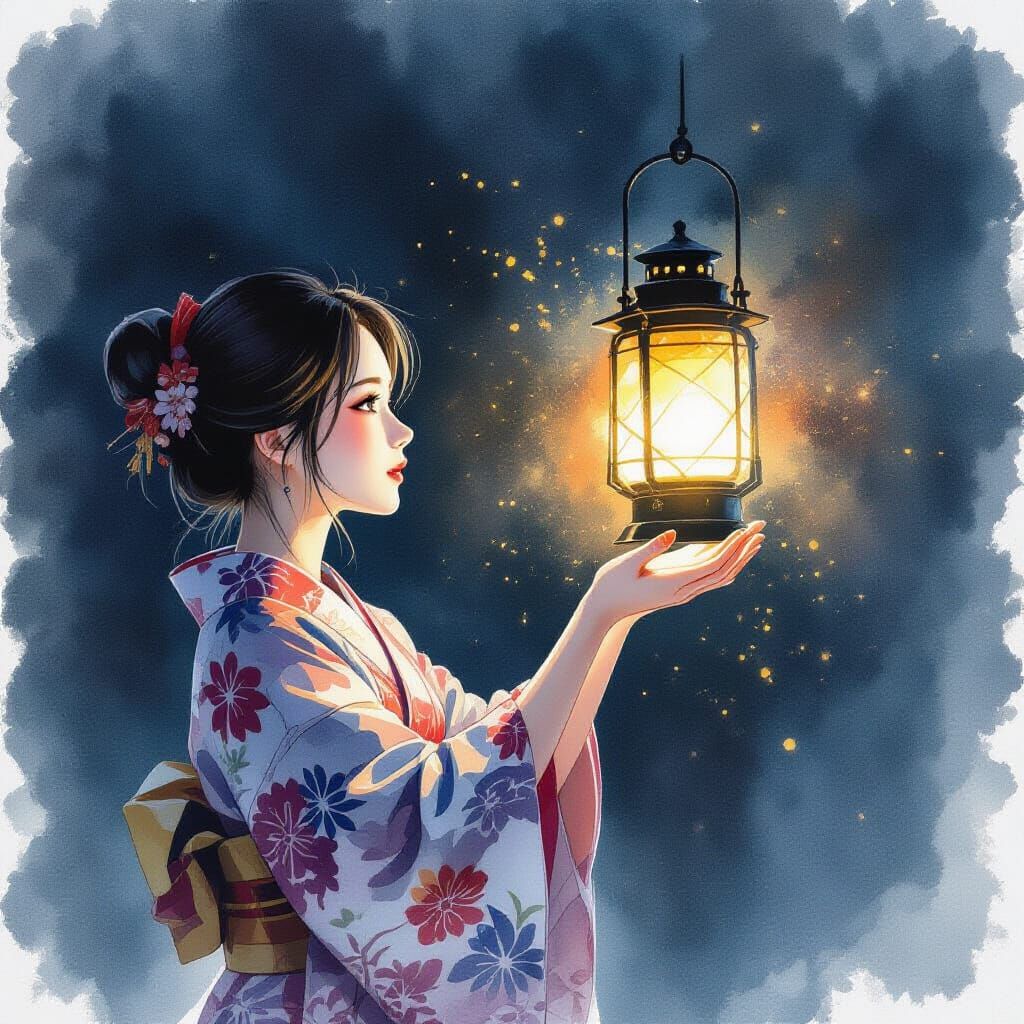 Woman in Kimono Sending Lantern Skyward