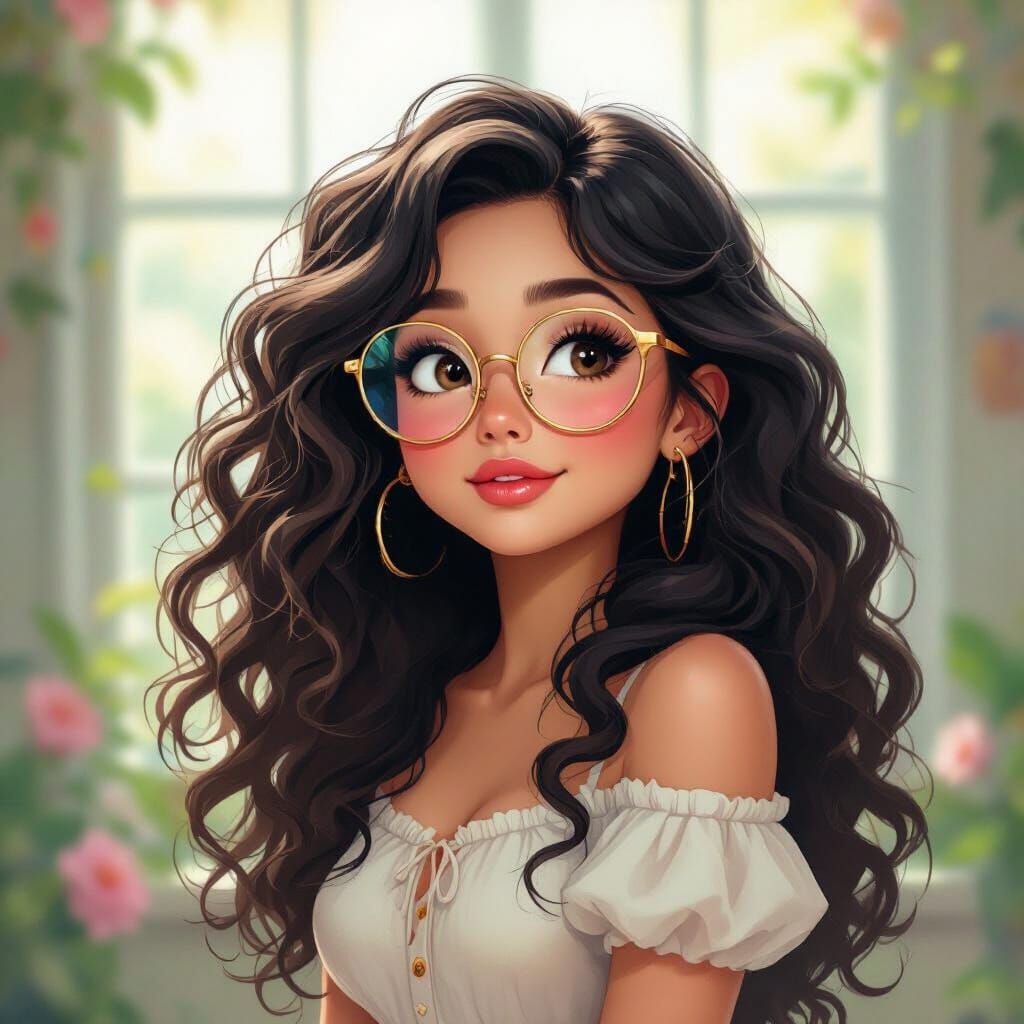 Cute Girl with Curly Hair and Spectacles in Whimsical Style