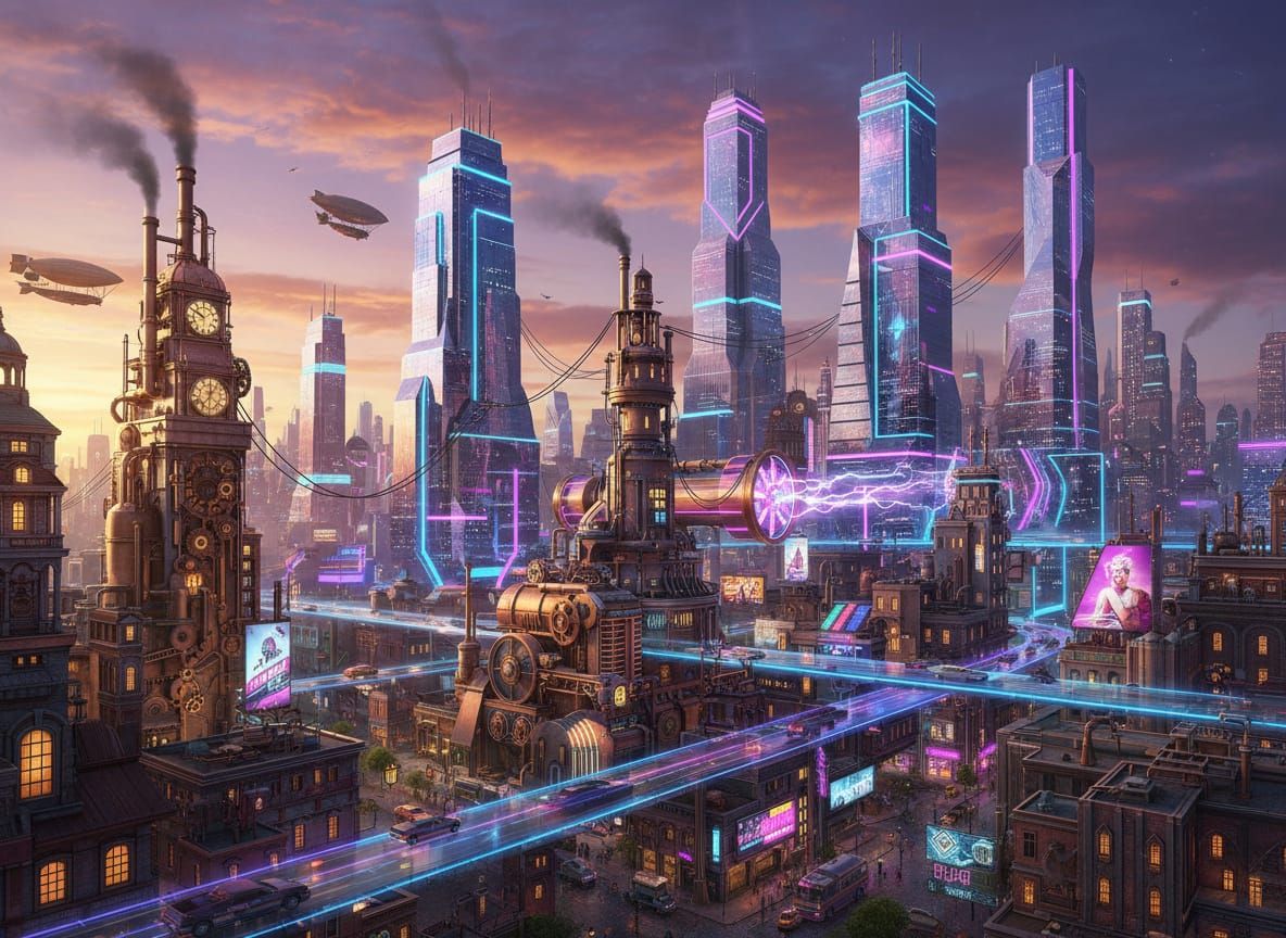 Steampunk Synthwave Cityscape Fusion