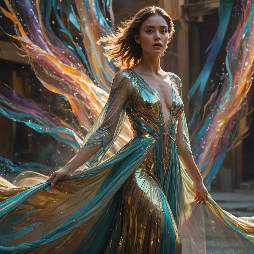 Retro-Futuristic Woman in Flowing Gown: Digital Art