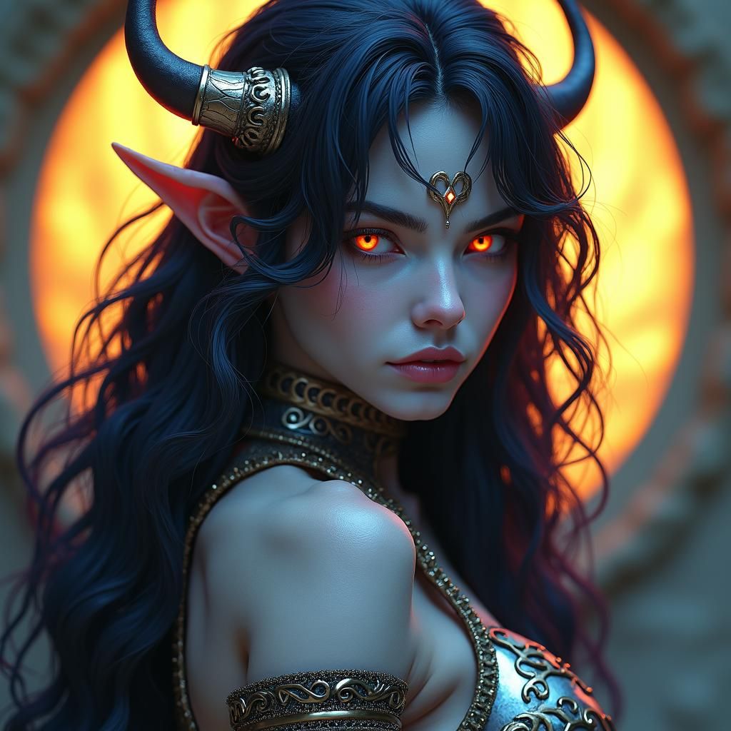 Tiefling Woman with Blue Skin, Alphonse Mucha Style