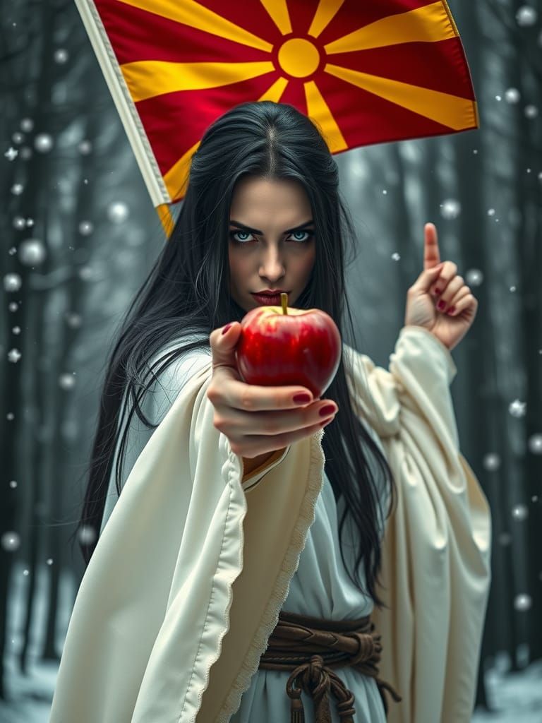 Evil Warrior Woman Offers Apple with Macedonian Flag