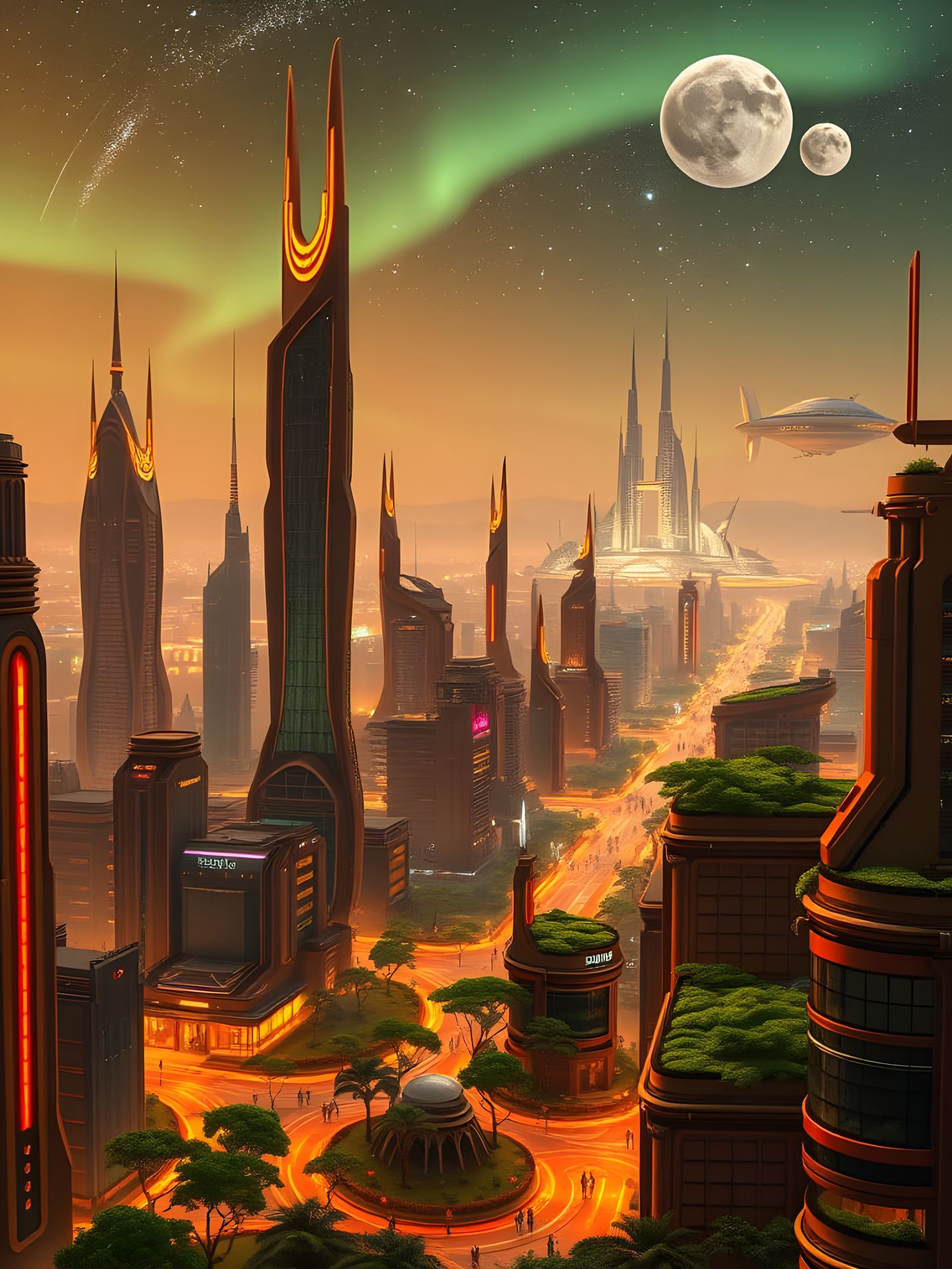 Solarpunk City Under Twin Moons Ascendant