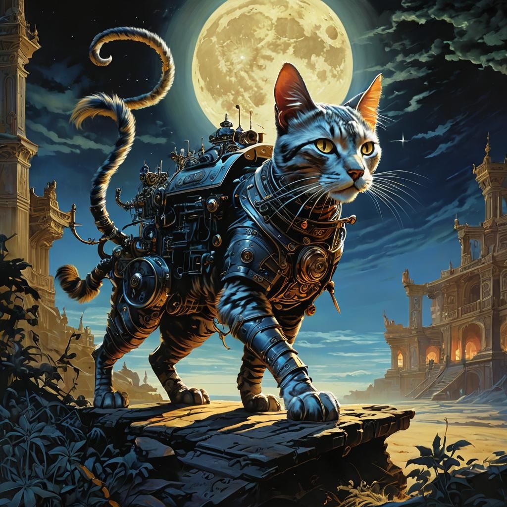 Steampunk Cat-Robot Hunt Under Full Moon