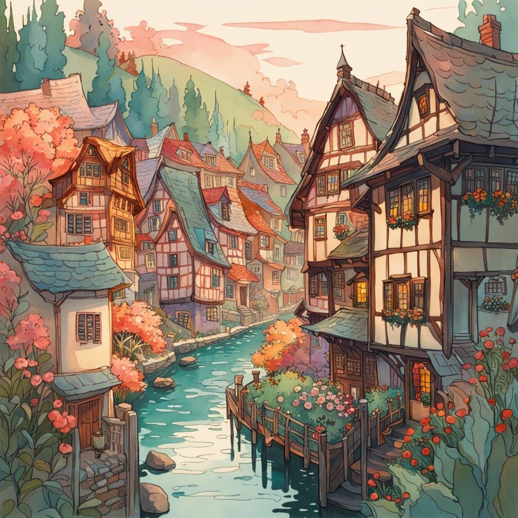 Flowery Village with Half-Timbered Houses: Watercolor Art