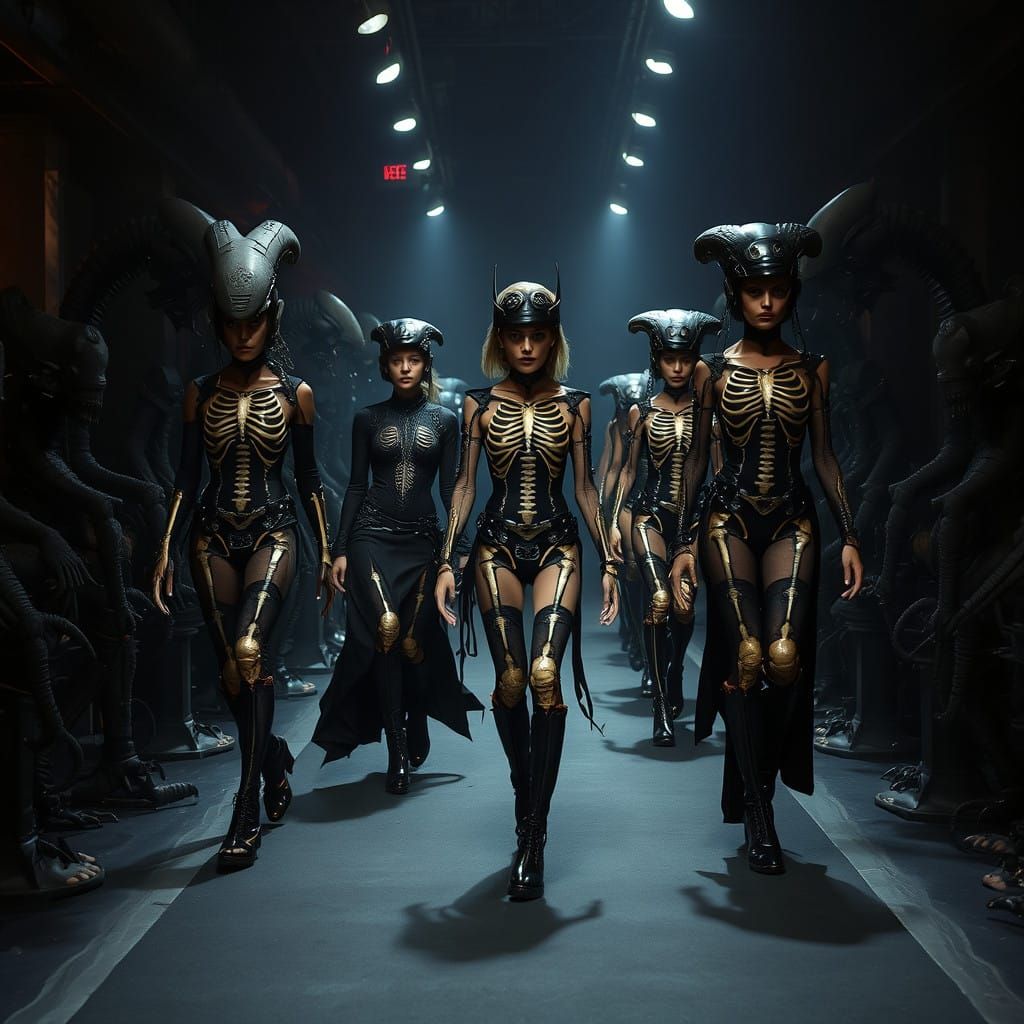 Biomechanical Fashion Show in Dark, Industrial Setting