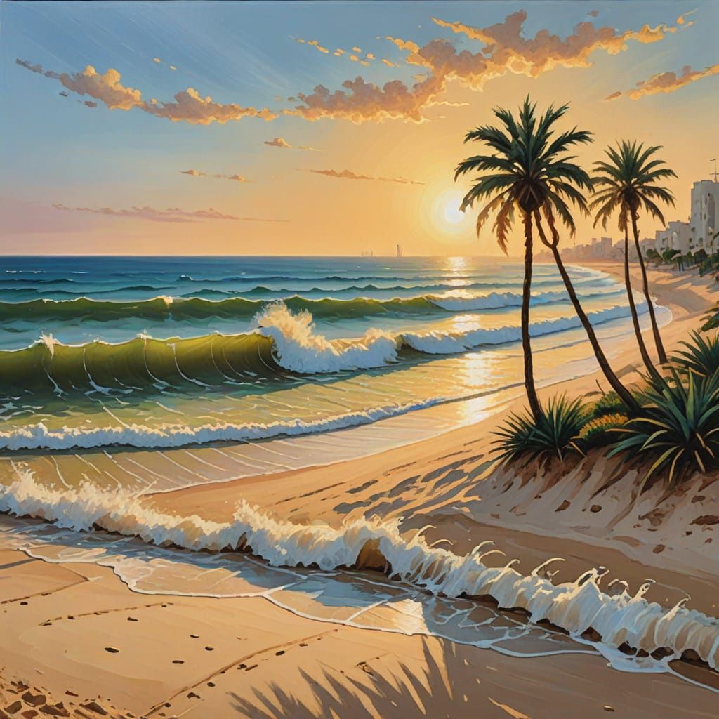 Tel Aviv Beach in Hockney Style Oil Painting