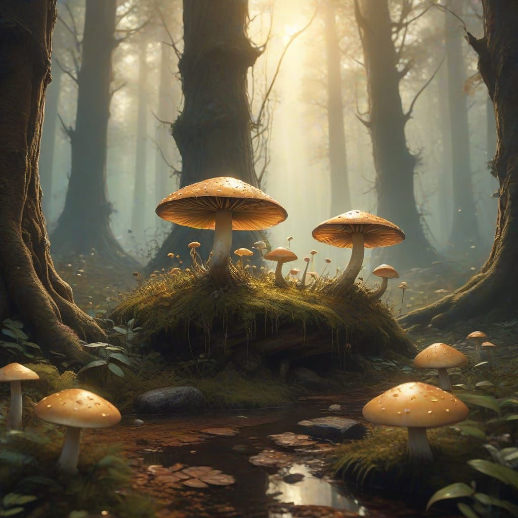 Mystical Forest: Vibrant Oil Painting with Glowing Mushrooms
