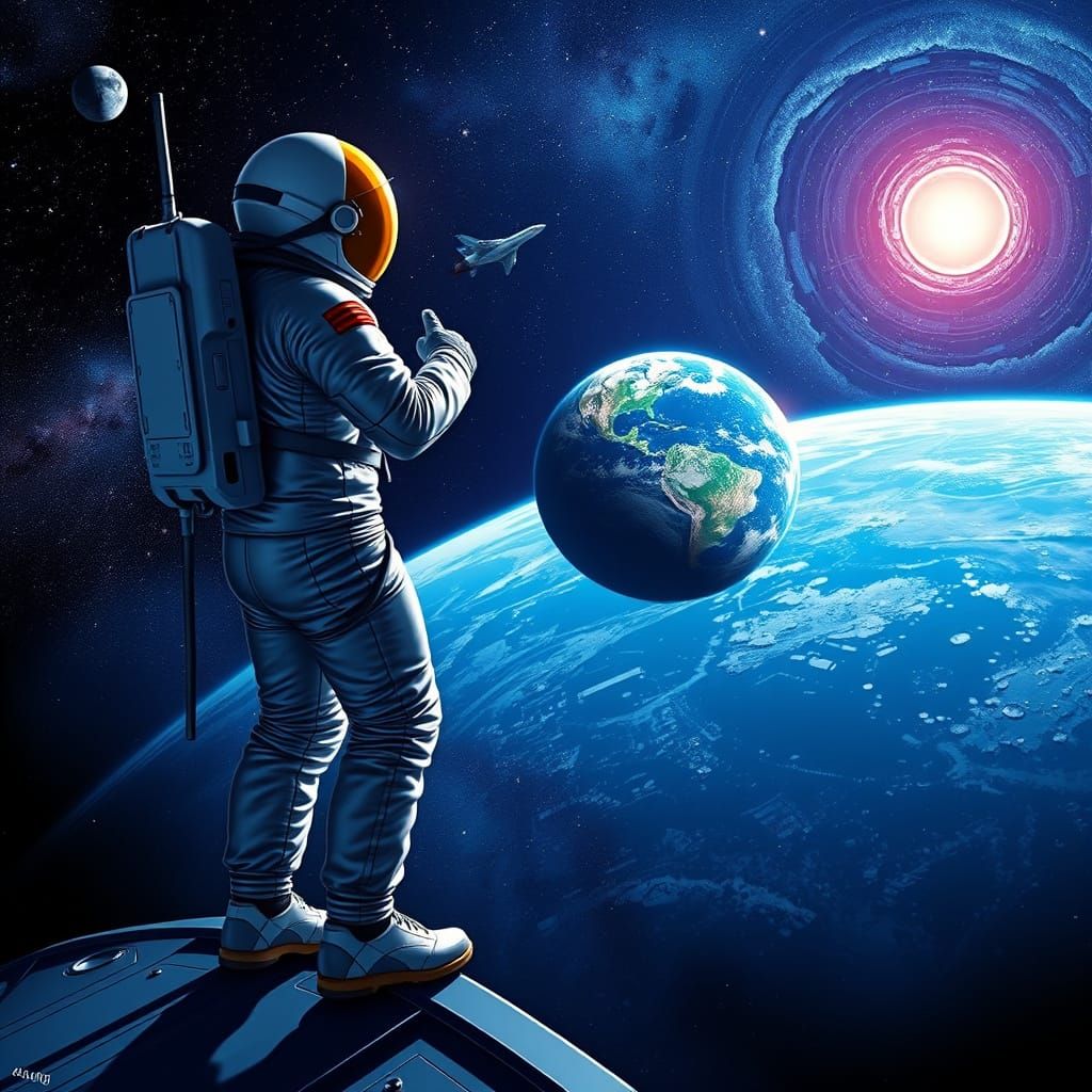 Heroic Astronaut Gazing at Earth from Futuristic Spaceship