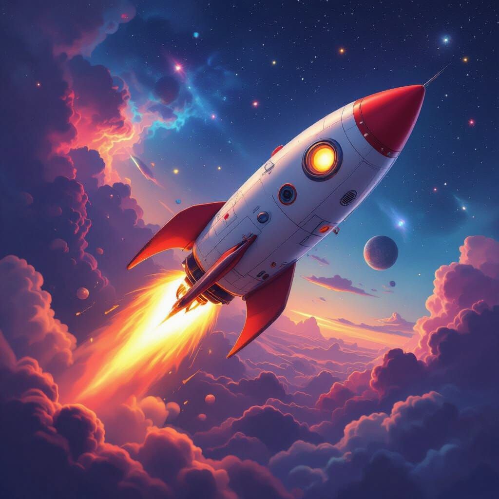 Fantastical Cartoon Rocket Blasting Off into Starry Sky
