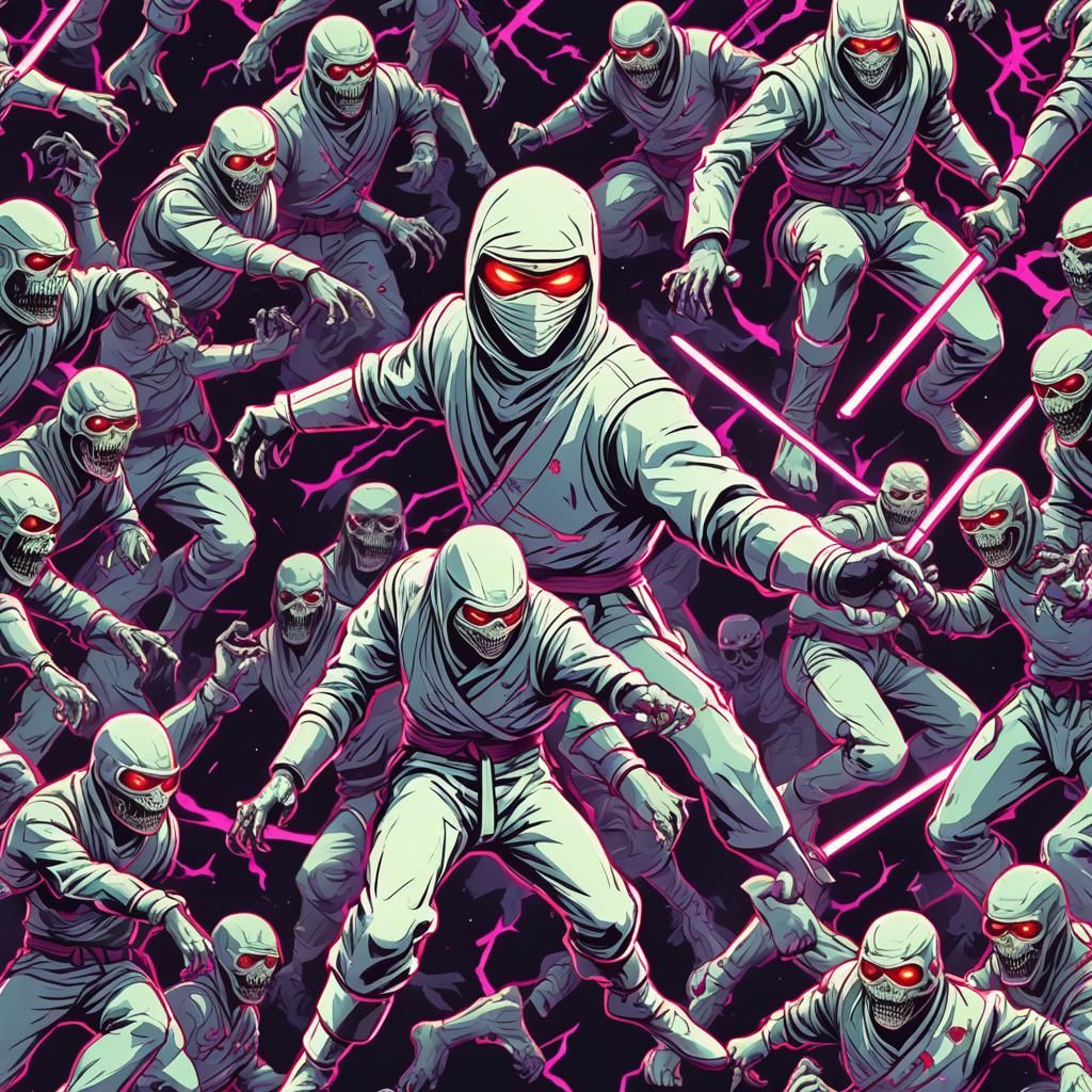 White Ninja Versus Zombies in Synthwave Neon