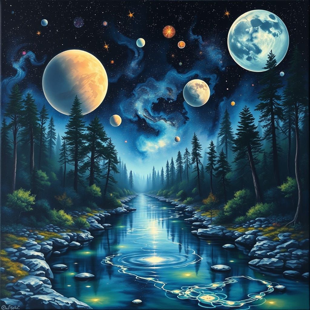 Surreal Cosmic Landscape in Gouache Style