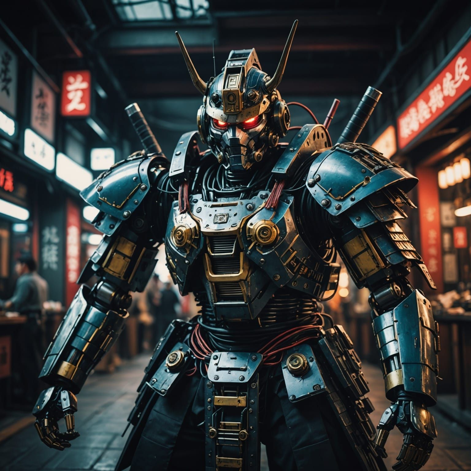 Cinematic Samurai Robot with Visible Wires