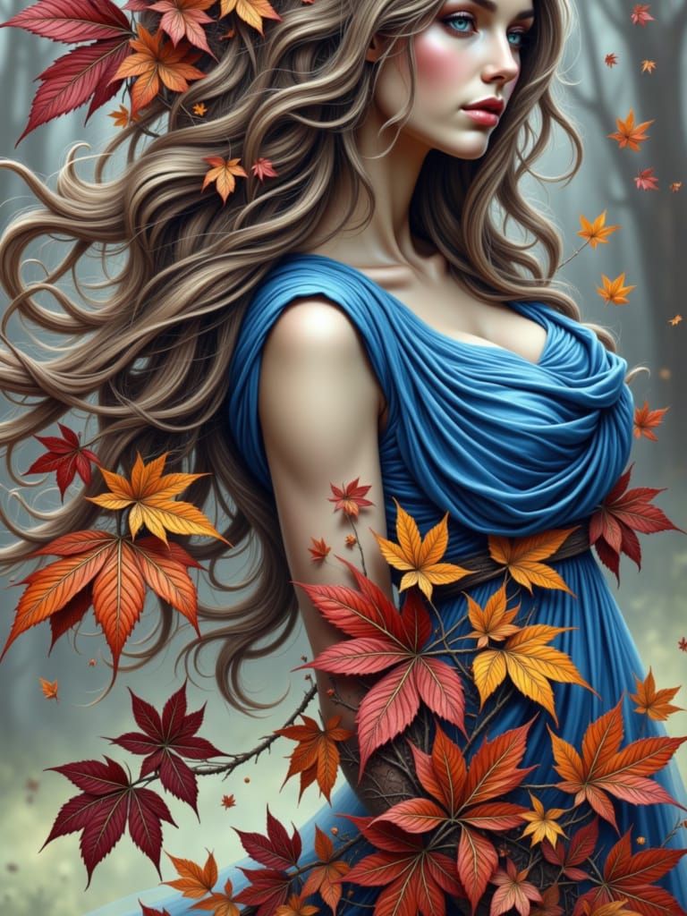 Goddess of Autumn in Blue Dress with Leaves