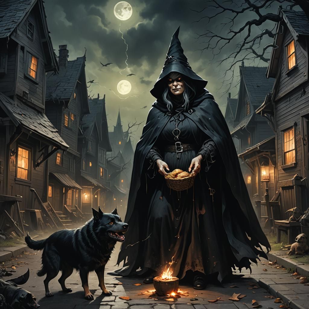 Ferocious Witch Devouring Dog in Dark Fantasy Style