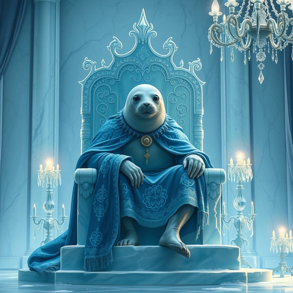 Majestic Seal King Wields Frosty Magic in Opulent Throne Roo...